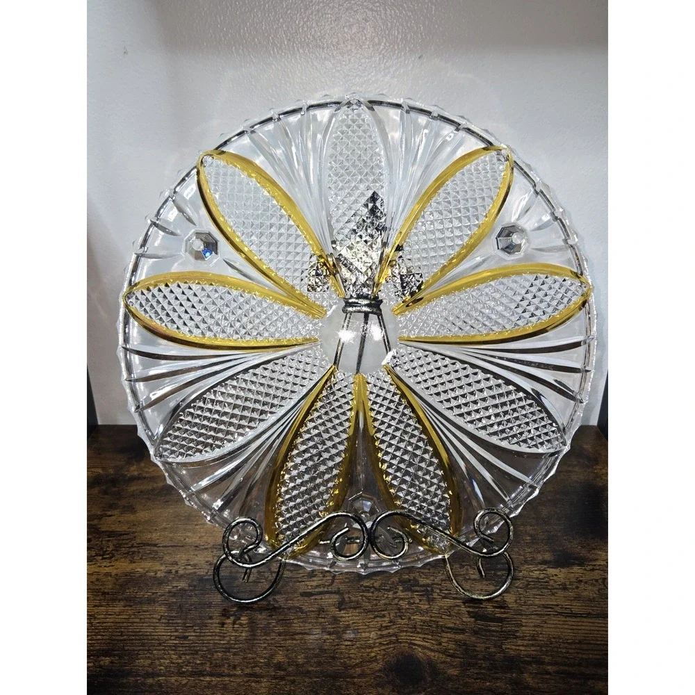 Bohemian Crystal Diamond Cut Footed Cake Plate Orange & Clear‎ Vintage